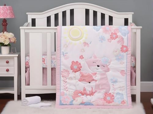 JHLCARPET Animals 3pcs Baby Crib Bedding Set (Quilt, Fitted Crib Sheet, Crib Skirt) Pink Nursery Bedding Set for Girls Crib Bedding Sets for Girls (Fox)