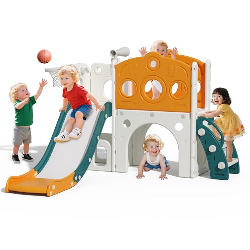 Hominewti 8-in-1 Kinder Rutsche, Kinder Spielplatz mit Basketballkorb, Teleskop und Klettergerüst, Babyrutsche für Kleinkinder, Spielplatz für drinnen und draußen, Grün