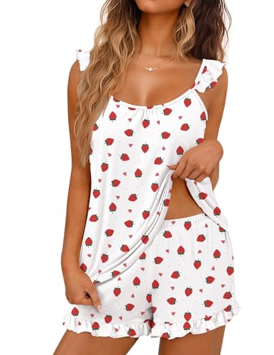 Image of Ekouaer Pajama for Women Set 2 Piece Ruffle Cami Top and Shorts Pjs | Soft Sleepwear, Lightweight Sexy Sleep Pj for Lounging, Date Nights, Honeymoon, Bridal Preparation, Holidays, or Wedding Day