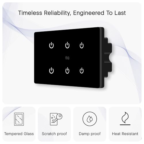 Image of IOTICS Smart Wifi Switch Board: 6 Switch with 2 x High Load (AC /Geyser) switch. Touch Control, Remote, App Control. Voice Control with Alexa & Assistant. Smart Touch Switch For Home Automation (Black)