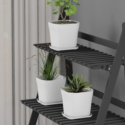 Image of StyleX Store Pack of 3 Square Plastic Flower Pot with Tray | Modern Indoor Outdoor Planter for Home Balcony Garden Office | Durable Lightweight Planter Pot | 6 Inch, White