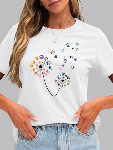 Image of Anbech Womens Dandelion Graphic T-Shirts Teen Girls Cute Sunflower Print Casual Tee Tops