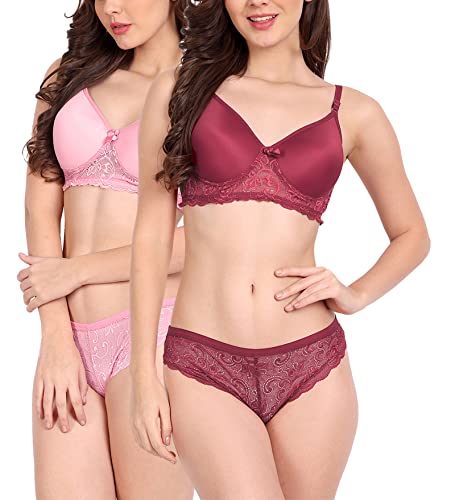 Image of FIMS - Fashion is my style Women Cotton Floral Lace Padded, Non-Wired, Full Coverage, Seamless Bra Panty Set, Multicolor, Lingerie Set