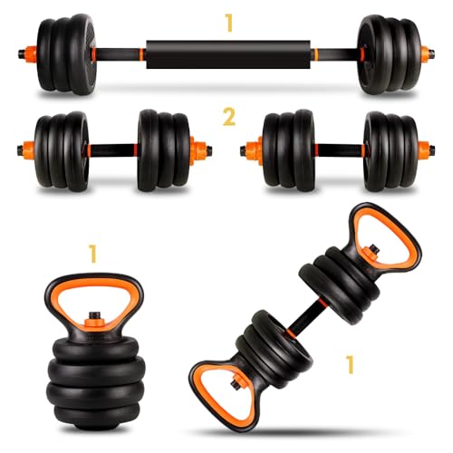 Set Body Pump ajustable y multifuncional, con discos, barra, mancuernas y kettlebells, hasta 40 kg.