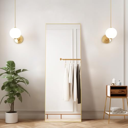 PUZONJIG 65''x24 Gold Full Length Floor Mirror, Rectangle Tall Mirror Wall Mounted, Full Body Tempered Glass Mirror with Stand for Bedroom, Entryway, Living Room, Bathroom Decor