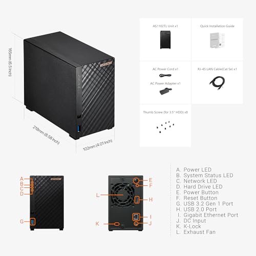 Image of Asustor Drivestor 2 Lite AS1102TL, 2 Bay NAS, 1.7GHz Quad Core, 1GbE Port, 1GB RAM DDR4, Personal Private Cloud, Backup for Home & Small Office, Network Attached Storage(Diskless)