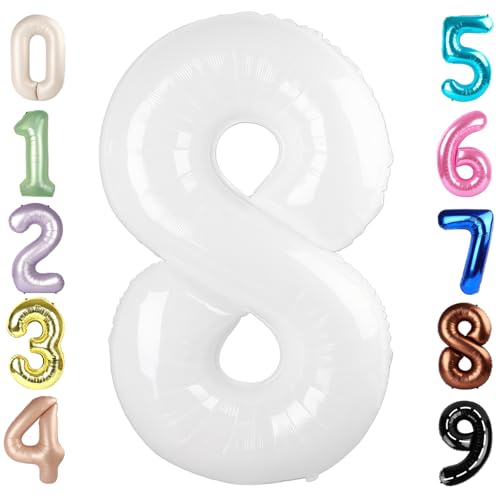 Image of 8 Balloon Numbers Birthday Decorations, 40In White Balloons for Men Women | Eye-catching Appearance, Perfect Decorative Centerpieces, Convenient Self-sealing Structure, Widely for Various Occasions