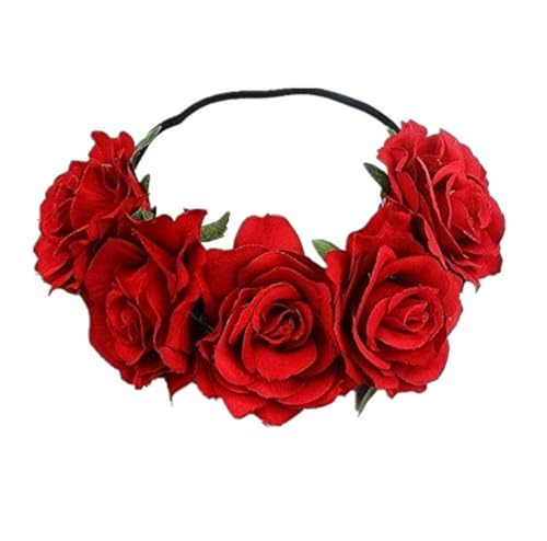 DNHCLL Rose Flower Crown Floral Headpiece for Women and Girls - Red Artificial Rose Hair Wreath with Headband