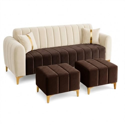 Image of FURNY Harmony 5 Seater L Shape Sofa Set with 2 Movable Ottoman & Golden Legs | Flexible Left or Right Layout | Plush Velvet Fabric (Dark Brown-Cream) | Perfect for Living Room, Guest Room & Office