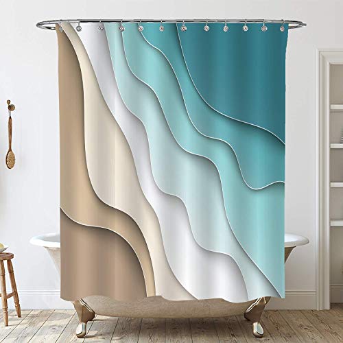 Turquoise Brown Cream Shower Curtain Beach Geometric Gradient Striped Dark Turquoise Shower Curtain Sets With Hooks, Bathroom Curtains Waterproof Polyester Fabric Bathroom Art Decor 72X72 Inches #TOP2