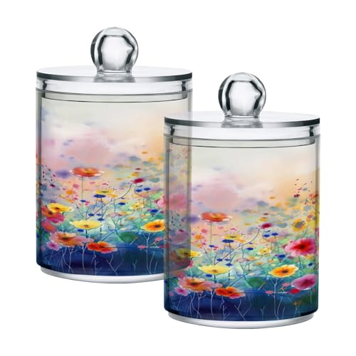 KEEPREAL Colorful Flowers Painting Qtip Holder Dispenser with Lids, 2PCS Plastic Food Storage Canisters, Apothecary Jar Containers for Vanity Organizer Storage #557