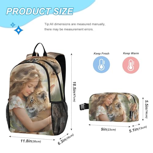 Cute Girl and Tigers Backpack Lunch Bag Set for Travel Hiking Picnic, Backpacks with Insulated Lunch Box2