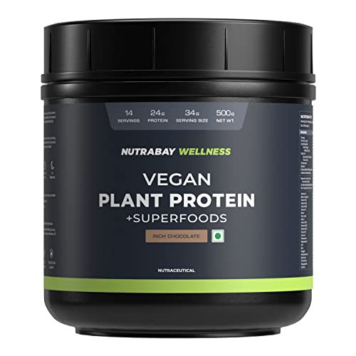 Image of Nutrabay Wellness Vegan Plant Protein Powder + Superfoods 24g Protein per Serving - Complete Amino Acid, Pea & Brown Rice, Sugarfree - 500g, Rich Chocolate | 100% Authentic Clean Protein