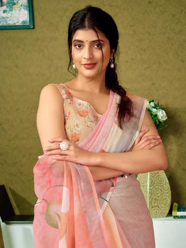 Image of Satrani Women's Linen Printed & Zari Border Ready To Wear One Minute Pre Pleated Readymade Saree with Unstitched Blouse Piece