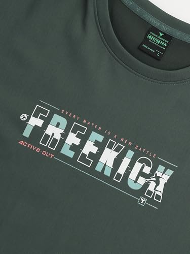 Image of TECHNOSPORT Men's Typography Printed T-Shirt ELASTOPLUS Quick Dry Slim Fit Round Neck Sports Tee for Gym Running Casual Wear UPF50+ Anti Odour