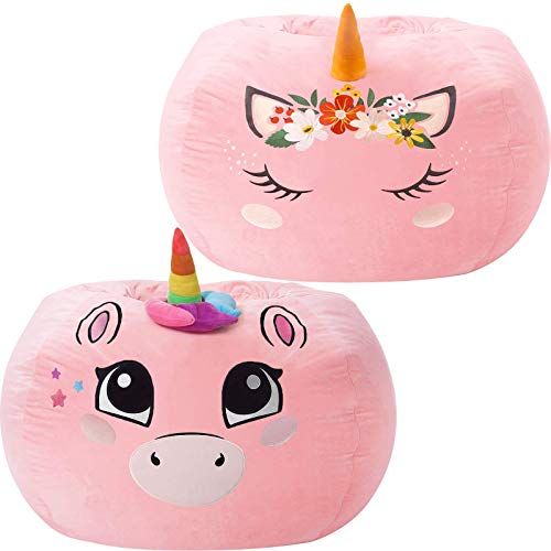 Aubliss Unicorn Stuffed Animal Storage Bean Bag Chair Cover 2 Pack,Toy Storage Bean Bag for Girls, Toddlers, Luxury Velvet Pink Bean Bag Cover Only