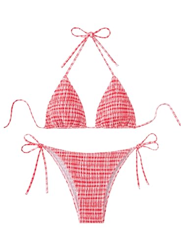 SOLY HUX Women's Plaid Gingham Bikini Sets Halter String Triangle Tie Side Bathing Suit Two Piece Swimsuit
