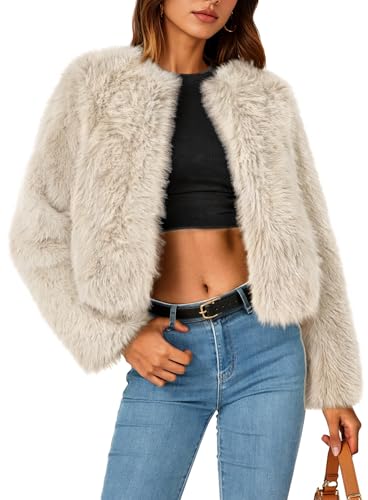 ZESICA Women's 2025 Winter Faux Fur Coats Fluffy Cropped Jacket Long Sleeve Shaggy Outerwear Fall Clothes with Pockets Apricot Medium