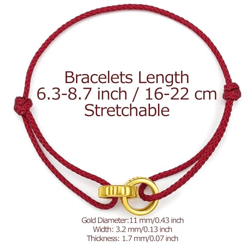 24K Solid Gold Bracelet for Women, Real Pure Gold Circle Jewelry Dainty Double Ring Jewelry Adjustable Red Braided Bracelet for Men Lover ADBZ1757182
