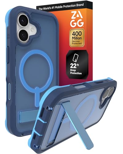 Image of ZAGG Rainier Case with Kickstand for iPhone 17 - Blue Cobalt Horizon, Graphene 22ft (7m) Drop Protection, Lanyard Attach Points, MagSafe, Wireless Charging Compatible, 2-Piece Design, Phone Case