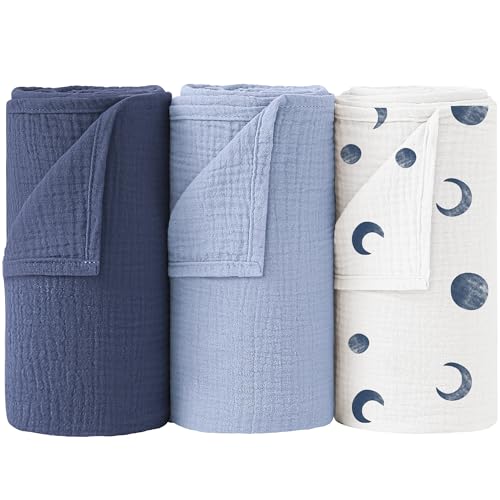 Image of Bearmoss Muslin Swaddle Blankets 100% Cotton Large Baby Swaddle Blankets 47x47in, Super Soft Breathable Receiving Blankets for Unisex Baby Boys Girls (Blue Moon)
