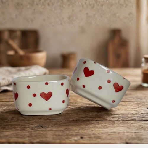 Image of Freakway Ceramic Dip Bowls with Heart Shape Design, White and Red, Set of 2, Microwave Safe, 40 ml