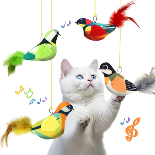 4PCS Interactive Hanging Bird Cat Toys Set - with Catnip, Realistic Chirping, Lifelike Birdie Tweets, Durable & Safe, Indoor Kitty Kitten Exercise Toys