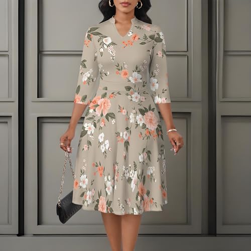 Image of PinkPatty Women's Casual A-line Midi Dresses 3 /4 Sleeve V Neck Fit and Flare Dress with Pockets