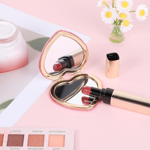 Espejo de maquillaje portátil pequeño en forma de corazón rosa miniatura 4