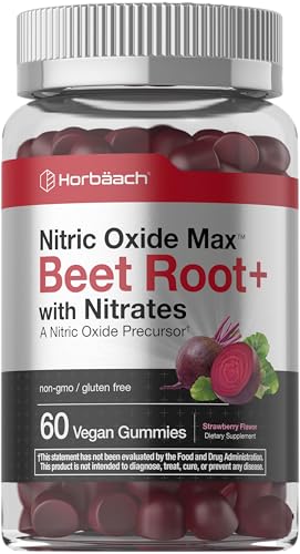Image of Horbaach Nitric Oxide Beet Root Gummies | 60 Chews | with Nitrates, Vitamin C & Black Pepper | for Men & Women | Strawberry Flavor | Vegan, Non-GMO, Gluten Free Supplement