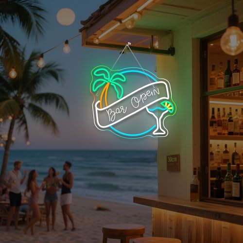 Image of WX&YH Bar Open Neon Sign Cocktail Coconut Tree Led Light Open Signs for Business Bar Decorations for Home Pub Party Club Beer Bar Lights Man Cave Coffee Stores Restaurant Palm Decor Gifts