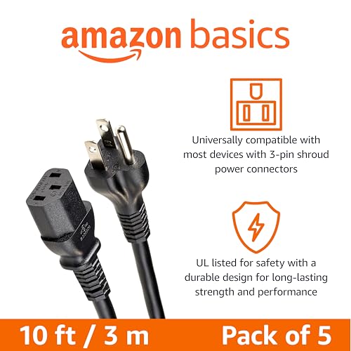 image for Amazon Basics PC Power Cord, 10 feet, 5-Pack, AC Power Cord for Monito