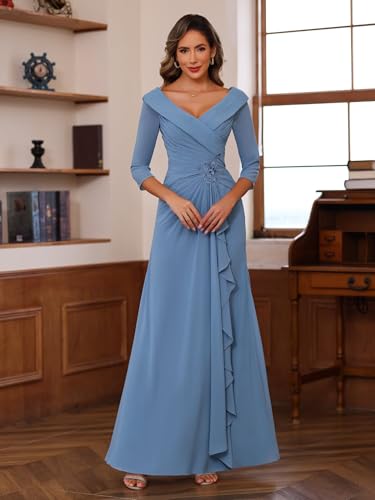 Raseal Chiffon Mother of The Bride Dresses for Wedding with 3/4 Sleeves Long Ruched Applique Formal Dress RS1114