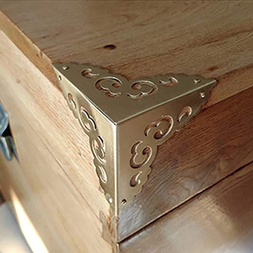 Tiazza 4Pcs Vintage Pure Brass Hollow Cloud Pattern Corner Protectors Antique Hardware Desk Edge Wooden Jewelry Gift Box Cabinet Three Sides Full Encase Corner Guard (Gold)