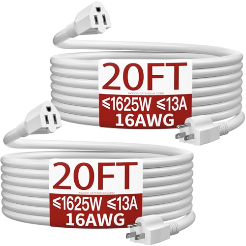 Image of 16 /3 Extension Cord 20 FT 2 Pack, White Extension Cord Flexible & Durable, Indoor 3 Prong Power Cable, Suitable for Home and Office, 13 Amp 1625 Watt 125VAC 16AWG, ETL Listed