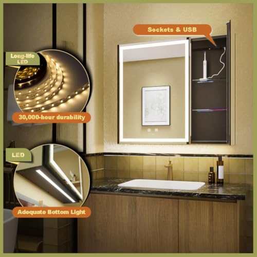 Image of 30*28 inch Two-door Aluminum LED Lighted Bathroom Medicine Mirror Cabinet