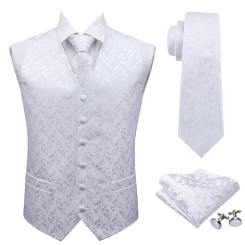 Men's Silk Waistcoat Tie Set Solid Paisley Pattern Vest Pocket Square for Wedding Business