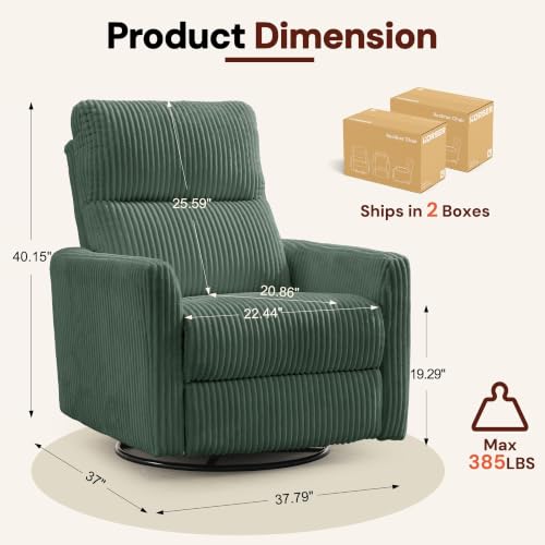 Image of Korser 360 Swivel Glider Rocker Manual Recliner, High Back Corduroy Recliner with Curved Armrests, Green Nursery Rocking Reclining Chair for Living Room Bedroom Adults