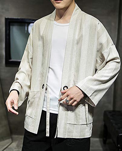 Hotmiss Men\'s Linen Striped Kimono Cardigan Noragi Street Jacket Japan Yukata Coat (Medium) Beige