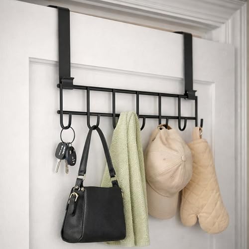 Image of Zureni Over The Door Hook Hanger Removable No Drill Heavy Duty Organizer for Hanging Towel Clothes Coat (Pack of 1, 7 Hooks, Black)