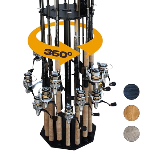 Rush Creek Creations 16-Rod Round Fishing Rod Holder for Garage, 360° Access Fishing Pole Holder for Fishing Rods, Reels, Gear, and Accessories, Securely Holds 16 Rods, Black