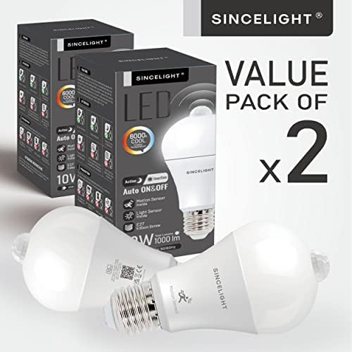 Motion Sensor LED Bulb with E27 Cap, Detects Human Movement and Automatic ON/Off in Darkness, 10W GLS Bulb with PIR Sensor and Light Sensor, Security Light Bulb, 60 Second Duration, Pack of 2