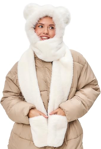 LATTEMARMALATTE Cute Cat Ears Winter Hat, 3 in 1 Plush Animal Hat with Mittens & Scarf, Faux Fur Hood for Kids Adults