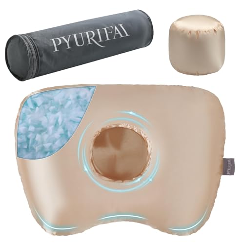 Piercing Pillow - Ear Piercing Pillow With Foam Plug Adjust Shredded Memory Foam Picrcing Pillow For Side Sleepers Donut Piliow For Ear With 4.5x4.5Hole Ergonomic Curved Design Satin Champagne