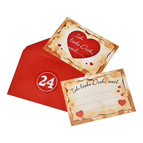 KOHMUI Adventskalender mit 24 Karten Ich Liebe Dich, Weil in 24 roten Umschlägen, Kärtchen mit 24 Zahlenaufkleber, Ein Natur Seil, 24 Holzklammern für Männer, Frauen, Paare