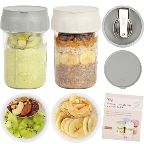 Image of SOLIGT Overnight Oats Containers with Lids, Folding Spoons and Divided Compartment for Fruit & Nuts, Small Glass 16oz Mason Jars for Oatmeal Yogurt Parfait (2 Set-Smoke Gray /Oat White)
