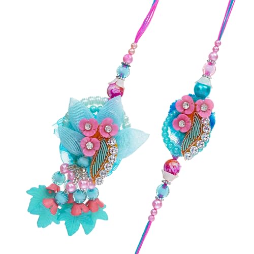 Image of Bhai Bhabhi Rakhi Set - Peacock Designer Rakhi with Stone & Pearl Work Lumba with Tassel for Bhabhi | Raksha Bandhan Gift