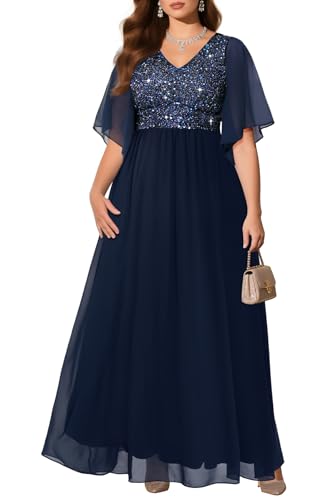 Pinup Fashion Plus Size Formal Dresses for Women Navy Blue Evening Gowns Prom Gala Wedding Guest Sequin V Neck Chiffon Fall Long Dress