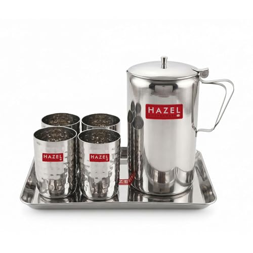 Image of HAZEL Stainless Steel Drinkware Set of 6 | Water Jug with Lid 1800ml, 4pc Hammered-Style Glasses 350ml & Serving Tray | Shiny Finish Tableware Combo for Home & Office Use