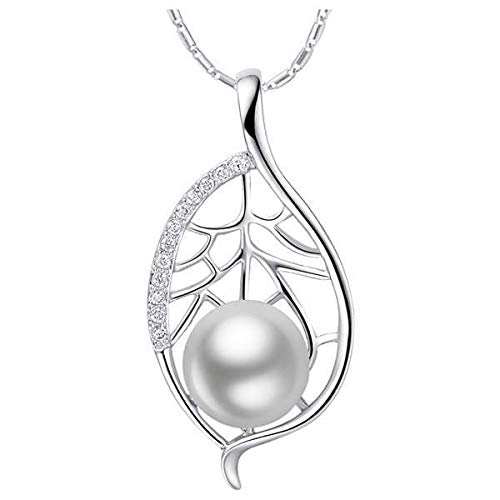 Collier Argent 925 avec Pendentif Perle blanche et motif Feuille en argent massif pour femme